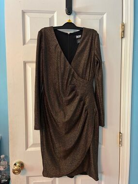 DKNY Metallic Bronze Long Sleeve Wrap Dress